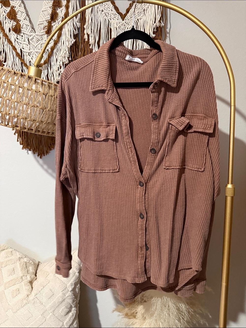 Ribbed Button-Up Shirt Jacket in brown